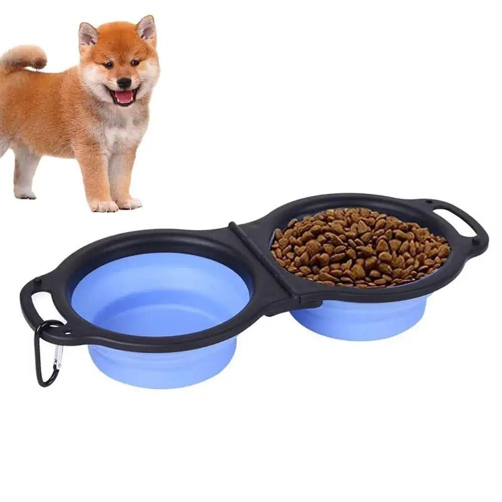 2 in 1 Double Dog Food Bowls Expandable Feeding Bowl Collapsible Double Pet Bowl  Puppy