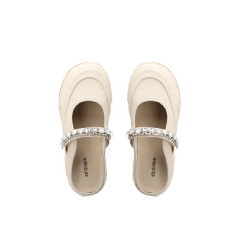 Sheepskin version dissolved shoes rhinestone word with Velcro big shallow mouth Mary Jane half drag canvas shoes women