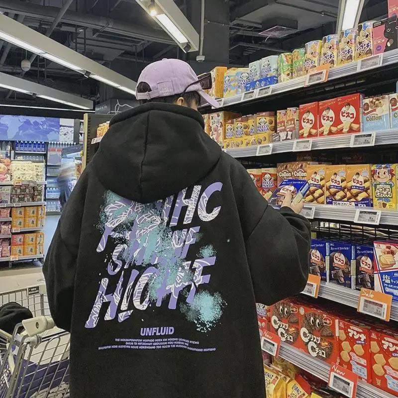 

Мужская толстовка свободного покроя с капюшоном — модный американский стиль для весны и осени M чёрный