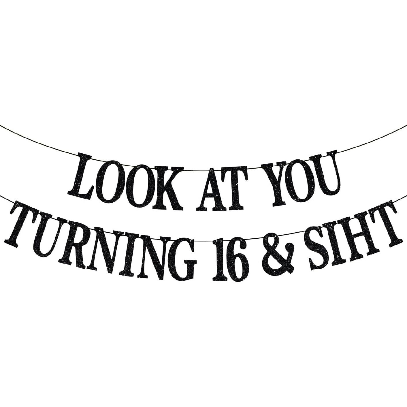 Happy 16th Birthday Banner, Happy Sweet 16, 16 and Fabulous, Funny Teens 16th Birthday Party Decorations Backdrop Gifts, Black Glitter