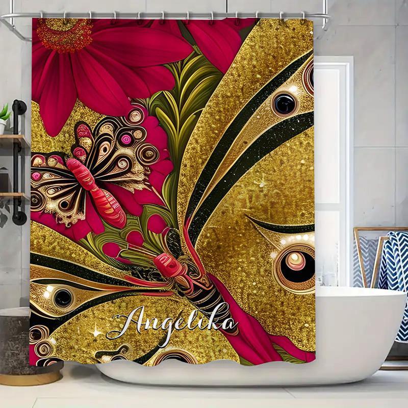 Luxurious Floral Butterfly Shower Curtain Pink Red Gold High Quality Waterproof Bathroom Decor Personalized Customizable for Hom 90x180cm
