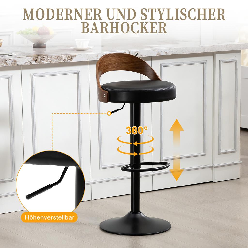 Set di 2 Sgabelli da Bar Rotanti a 360 gradi con Schienale, Legno di Noce Nero, Seduta in PU, Regolabili in Altezza (Pelle PU Nera)