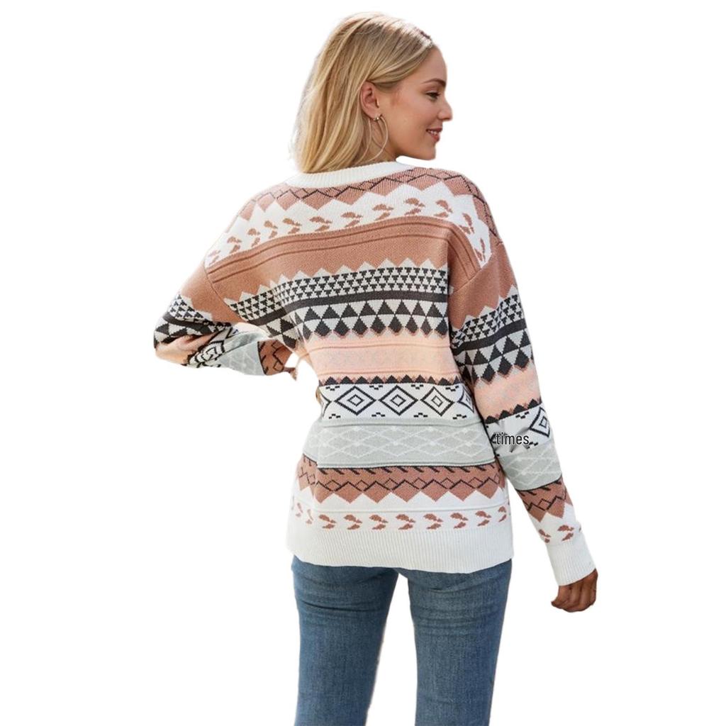 2025 Autumn/Winter Vintage Multi-Color Diamond Jacquard Patchwork Women's Pullover Sweater