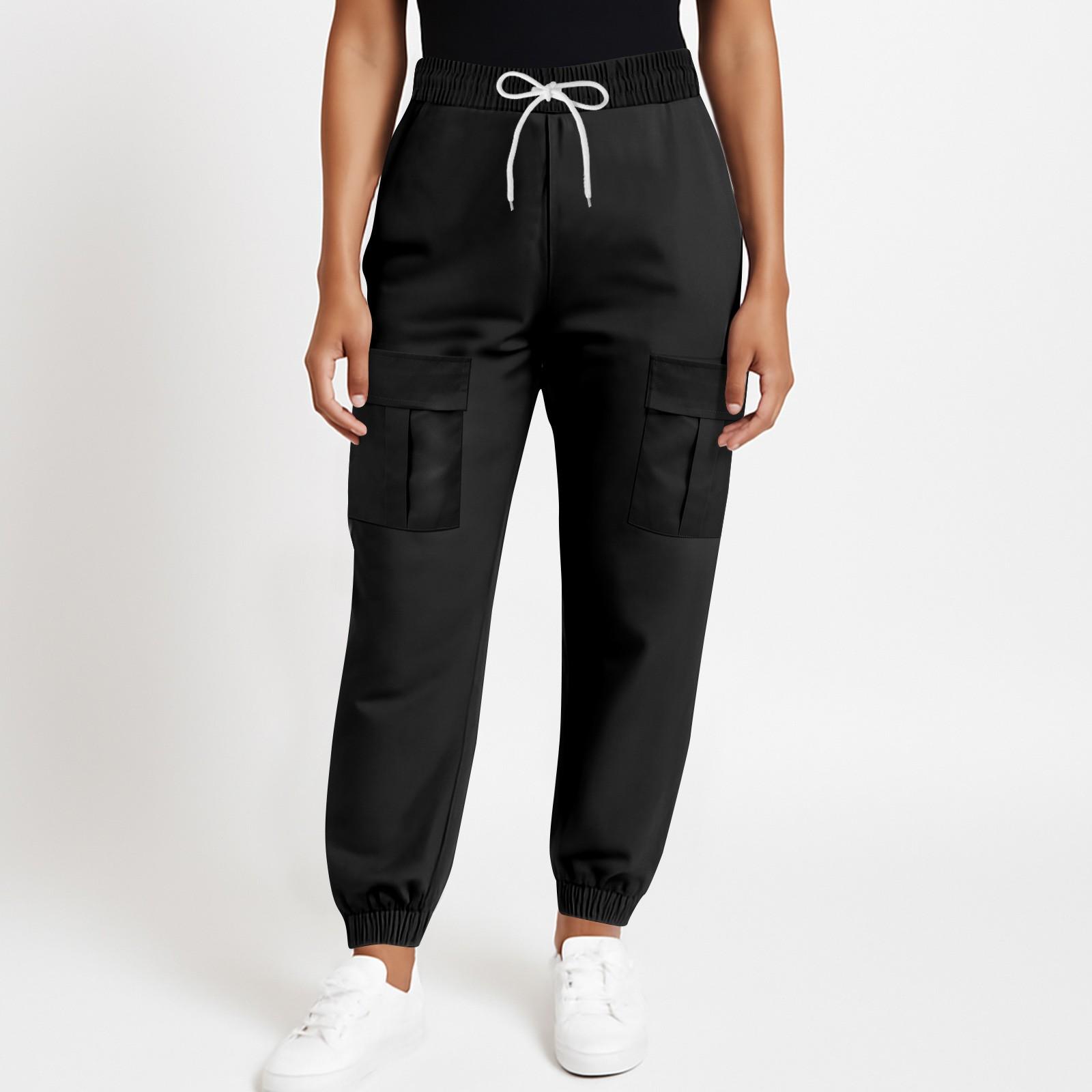 

Women s Fashionable Drawstring With Flip Pocket Solid Color Captcha Pants Work Pants L чорний