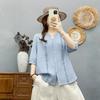 Summer New Pure Cotton Literary and Retro V-neck Loose and Versatile Women's Short-sleeved Shirt Is Thin and Breathable