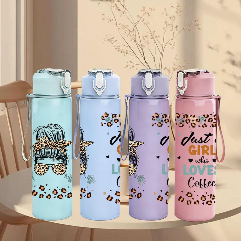 1PC Just A Girl Who Loves Coffee Quote 750ml Color Plastic Sports Water Bottle Leakproof Flip Straw Lid Suitable for Sports Office Home Use