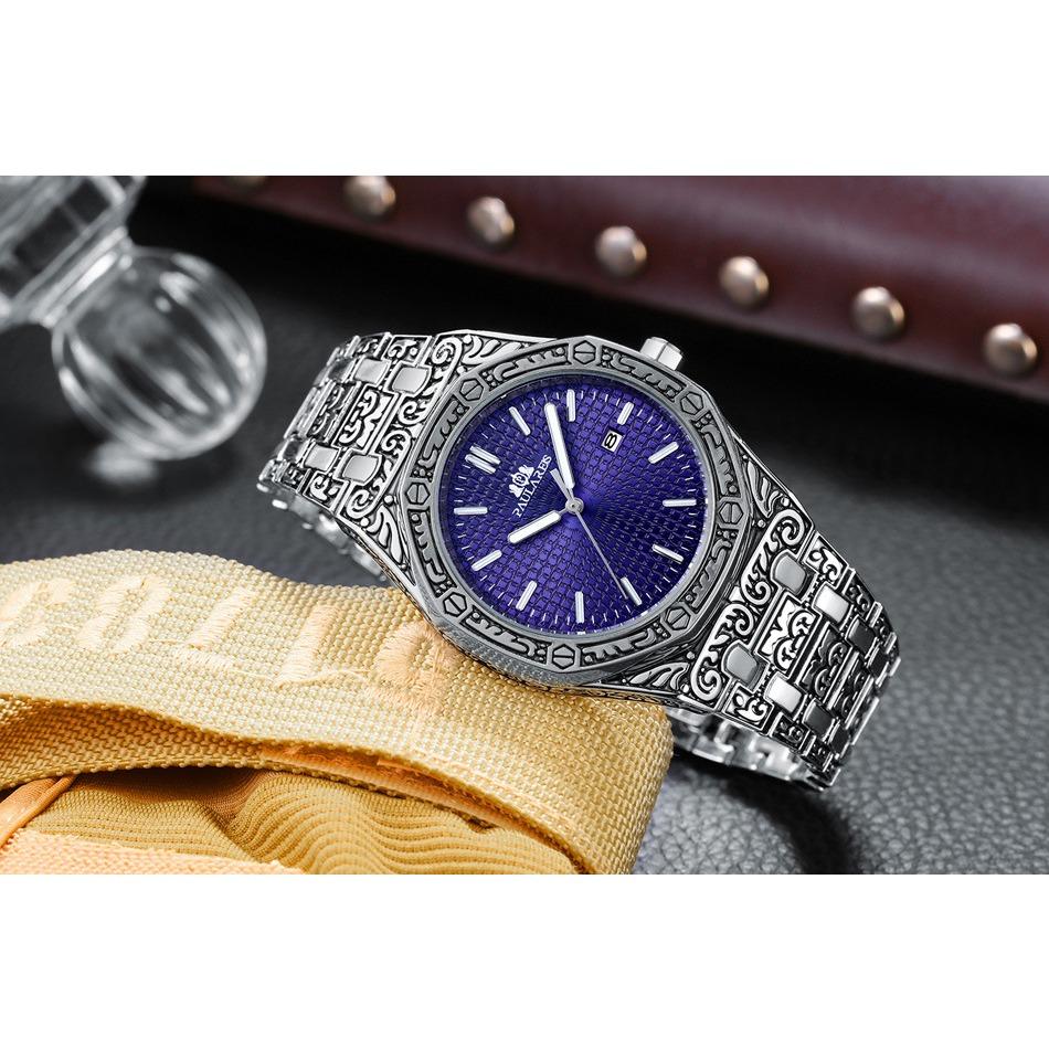 Paulareis Quartz Carved Oak Calendar Men's Luminous Watch