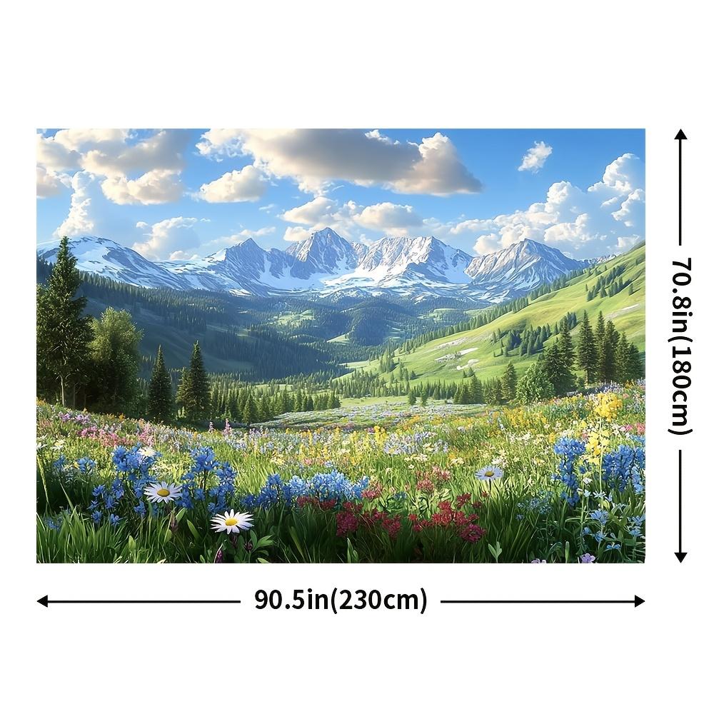 2D Plane, 1 Piece of a Spring-themed Blooming Flower and Mountain Scenery Background Banner
