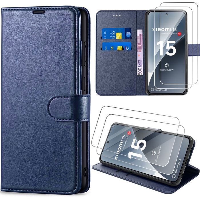 Case and 2 Tempered Glasses for Xiaomi 15, Scratch-Resistant Card Holder 360 Degree Protection Leather Effect Navy Blue