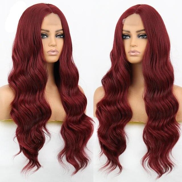 Lange gewellte weinrote synthetische Perücke für Damen, hitzebeständig, natürlicher halber Teil, Cosplay, Party, Lolita-Perücke