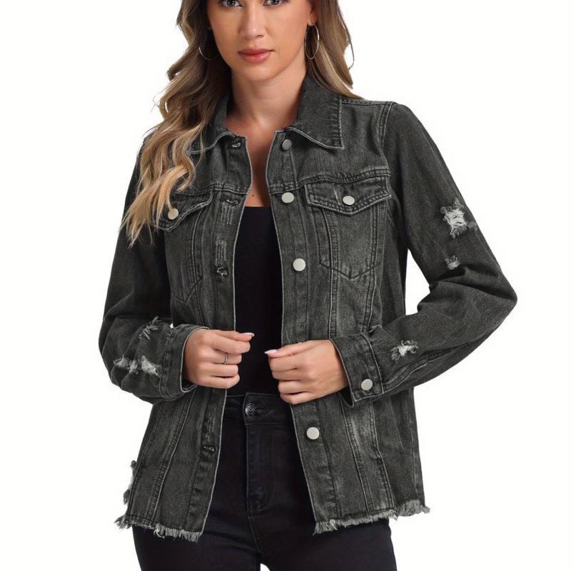 2025 Women s Distressed Denim Jacket with Washed Finish and Stylish Buttons L темно-серого