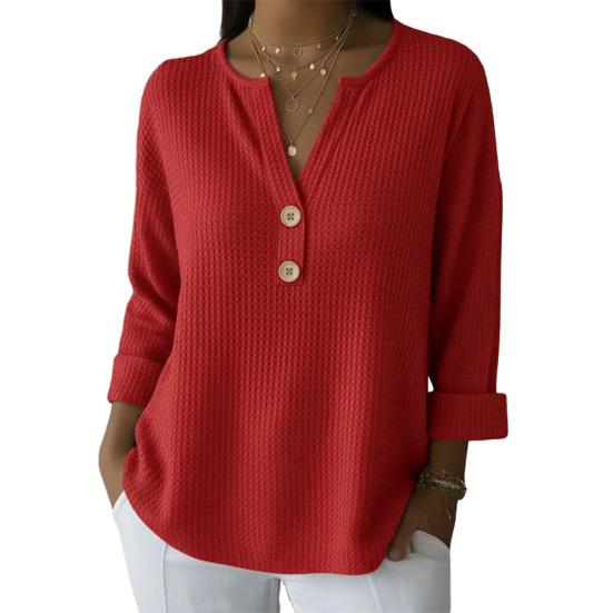 

Жіночі топи з V-подібним вирізом, на ґудзиках, з напівпланкою, з довгим рукавом, пуловери, однотонні, вільного крою, вафельної текстури, м які, еластичні, повсякденні S червоний