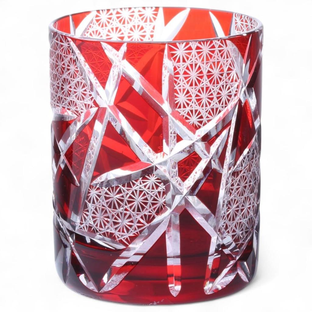 Mizukage Kiriko Glass Rocks Ranbori Komon Bisho J-kitchens Cup, Glass, 70xH90mm, 210cc, (Small Pattern), Red, (Current Model)