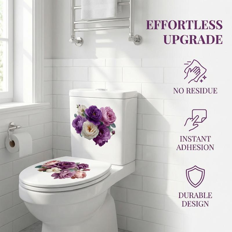 Toilet Wall Stickers Purple Pink Flower Design Self Adhesive Waterproof Bathroom Home DIY Decoration