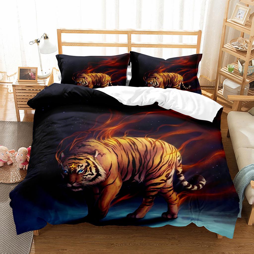 Tiger Duvet Cover Set Purple Flower Comforter Cover Boys African Safari Wild Animals Big Cat Queen King Polyester Quilt Cover