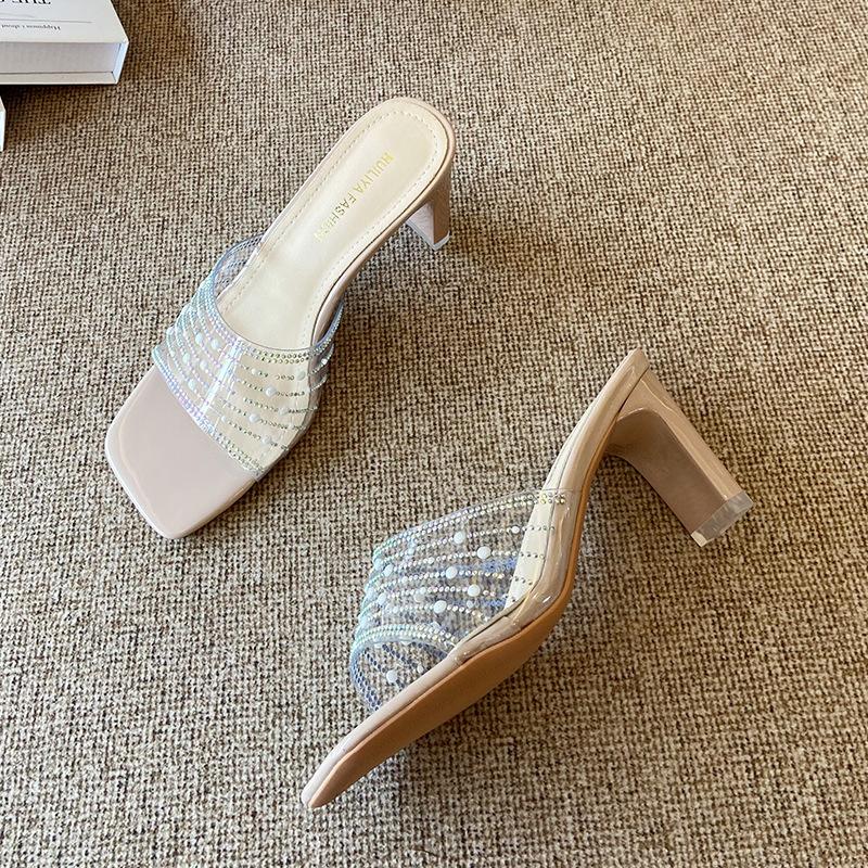 X281-8 Sexy open-toed square head one-word sandals 2025 new summer versatile skirt thick heel cool slippers