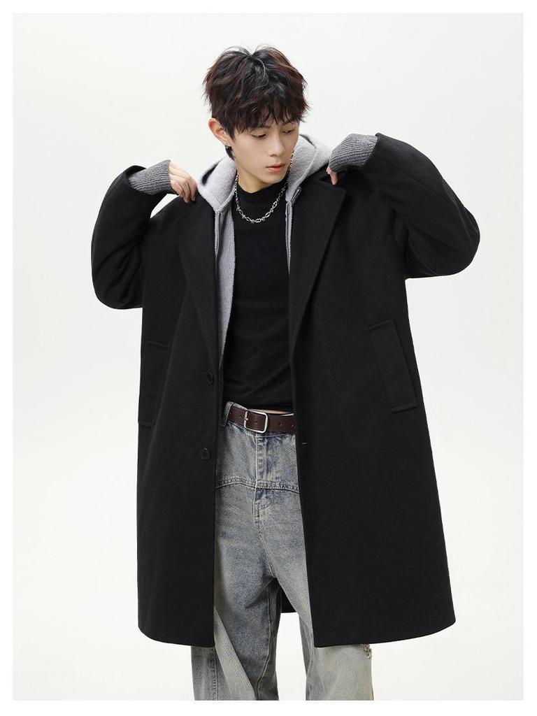 Men's Mid-Length Wool Coat - Dragon & Phoenix Design, Autumn/Winter Korean Style, Thick Windbreaker, Loose Fit, Trendy Brand Lapel Jacket.