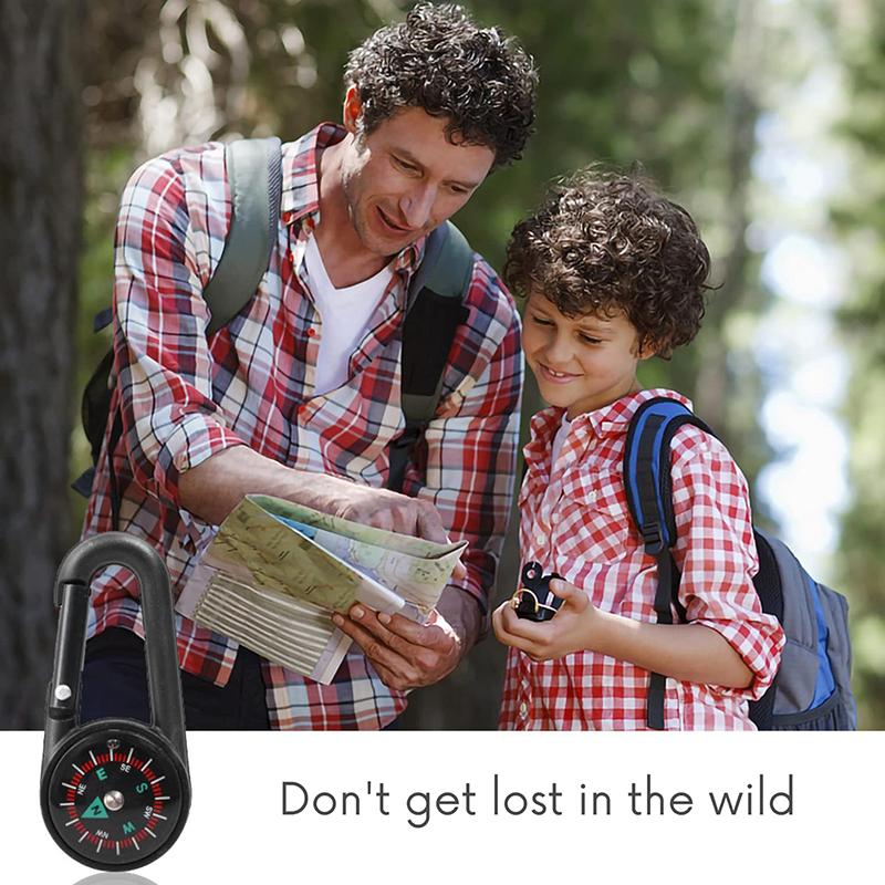 1Pc 3 In 1 Double Sided Mini Compass Carabiner Keychain With Compass Thermometer Outdoor Hiking Survival Zinc Alloy Key Ring