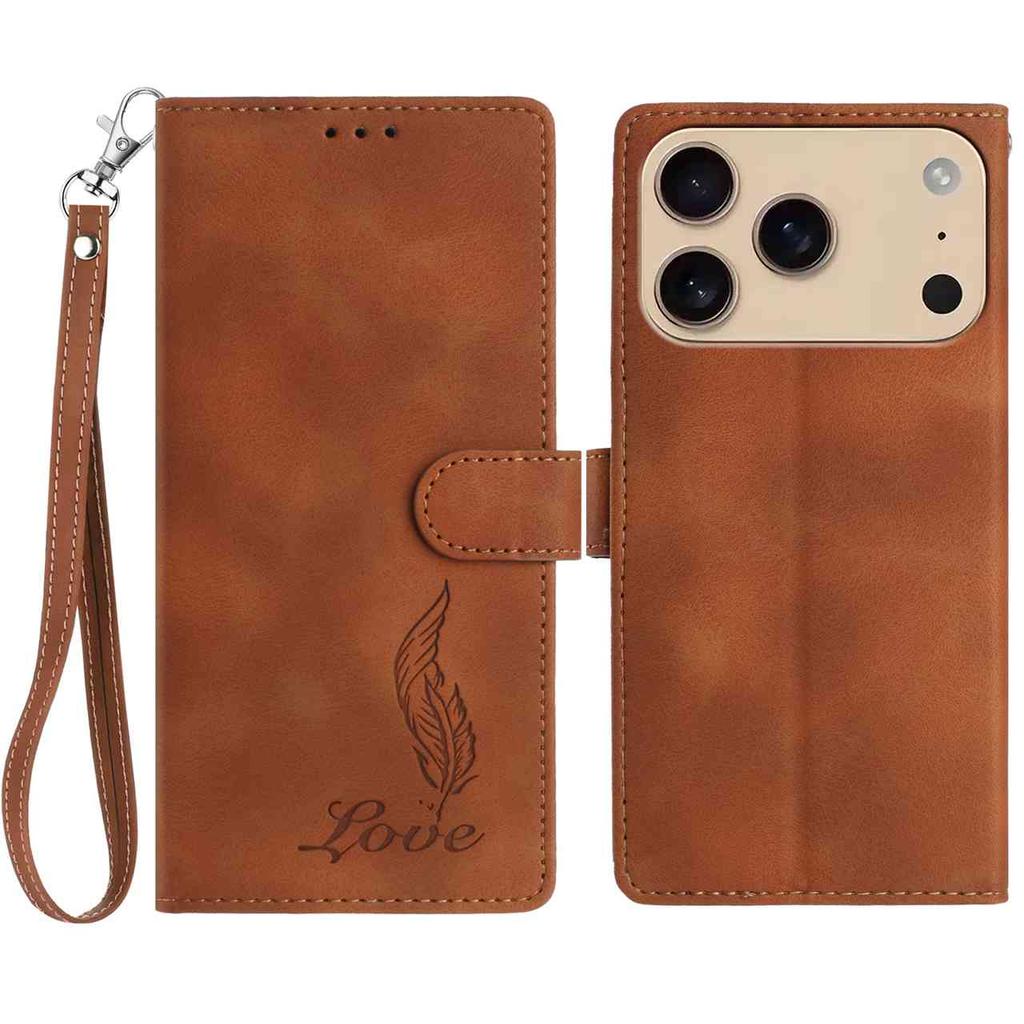 For iPhone 17 Pro Case Imprinted Feather PU Leather Wallet Phone Cover with Wrist Strap