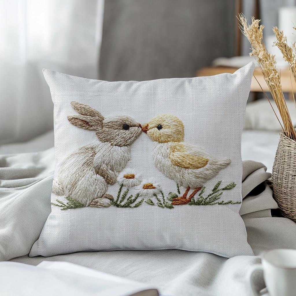 2D Embroidery Style Pillowcase Cute Rabbit & Chick Print Polyester Pillow Cover Decor Cushion Case For Home Soft Cushion Cover