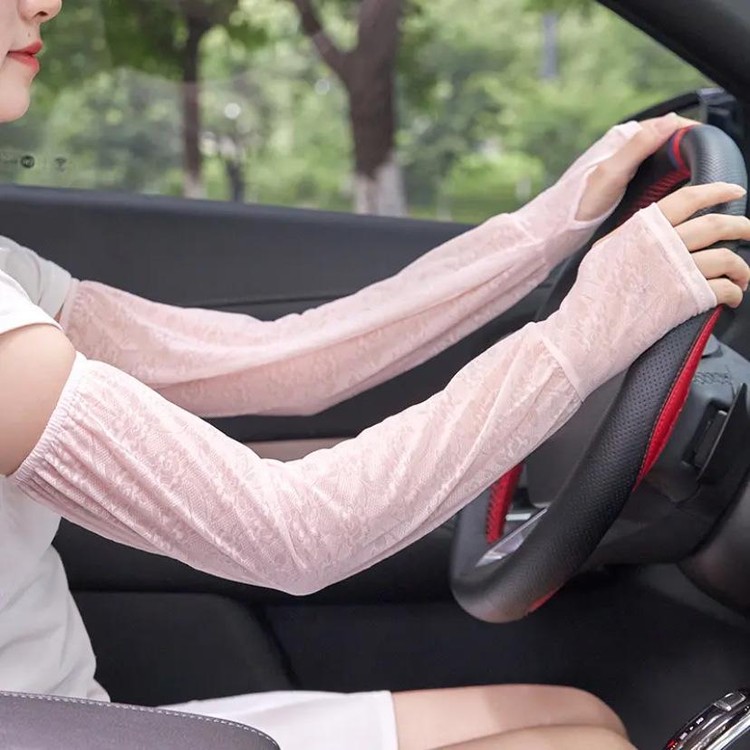 Women’s Lace Arm Sleeves UV Protection, Ice Silk Cooling Arm Covers, Breathable Thin Summer Sleeves for Cycling Running Driving Sun Protection