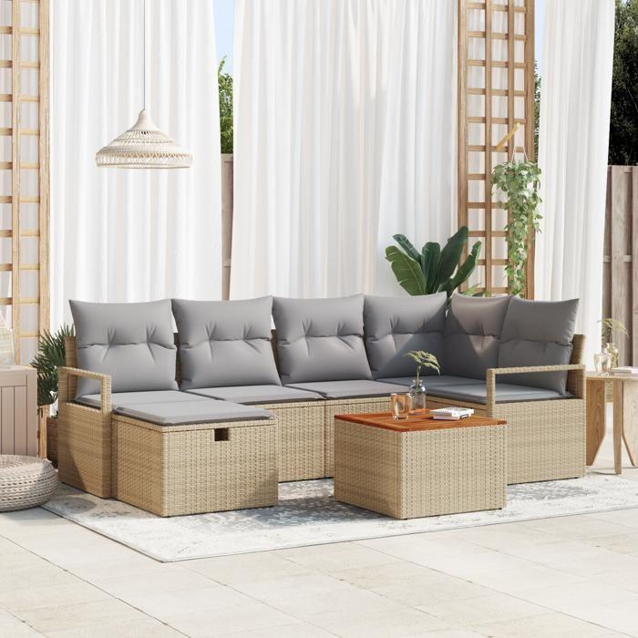 Ensemble de Canapé de Jardin 7 Pièces avec Coussins Beige Poly Rattan, Canapé de Jardin 2 Places avec Coussins Beige Poly 3359539