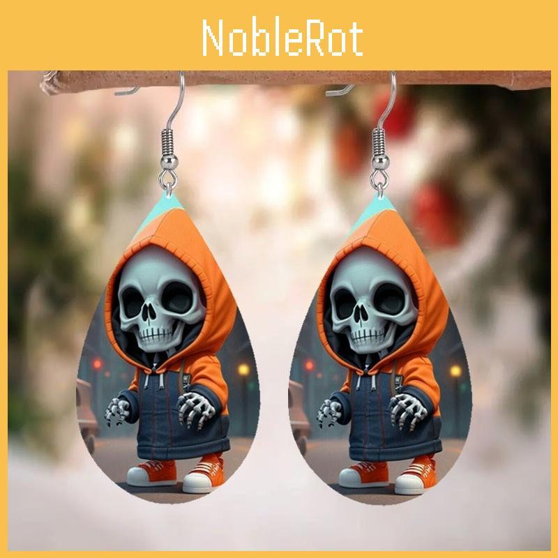 Themed Hooded Halloween Jacket Skull Pattern Droplet Shaped Earrings Acrylic