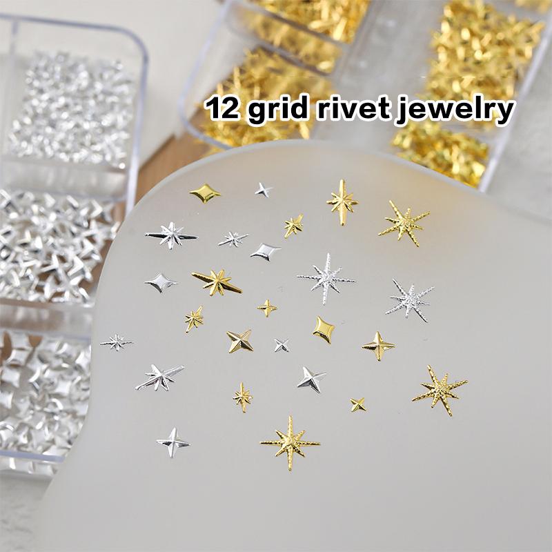 6/12 Grids Mix Nail Rivet Studs Gold/Silver Stars Light Nail Art Charms Starlight Accessories Manicure Supplies