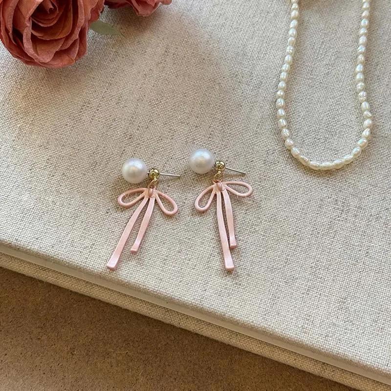 Elegant Pink Bow Pendant Earrings for Women Temperament  Cute Pearl Stud Earrings Luxury Wedding Party Jewelry