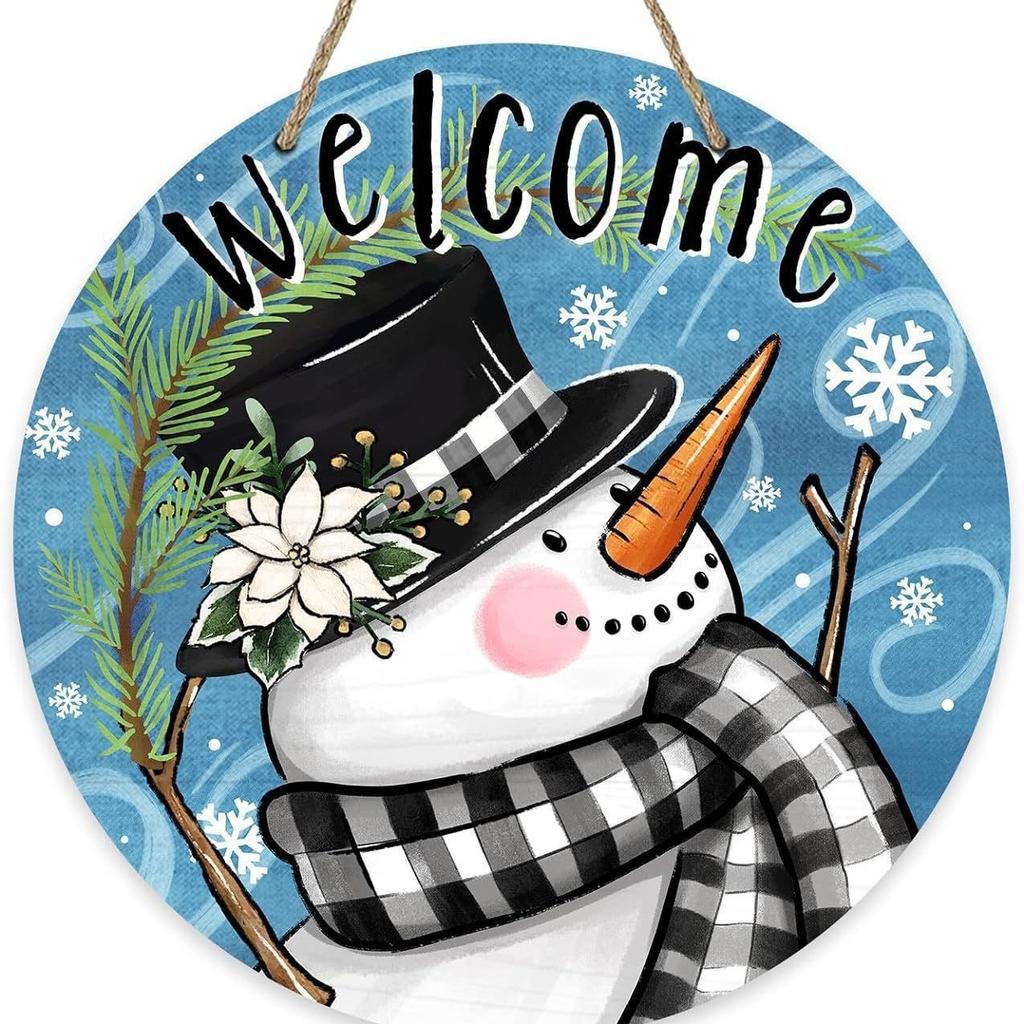 Christmas Wreath Center Decoration - Wooden Circular Festival Wall Door Hanging Decoration Snowman Christmas Home Decoration