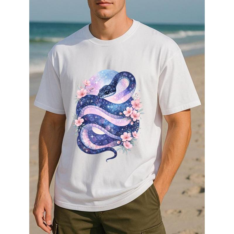 European sizes A T-Shirt Featuring a Starry Sky, Cherry Blossoms, And a Mystical Snake Design, Perfect for Easter