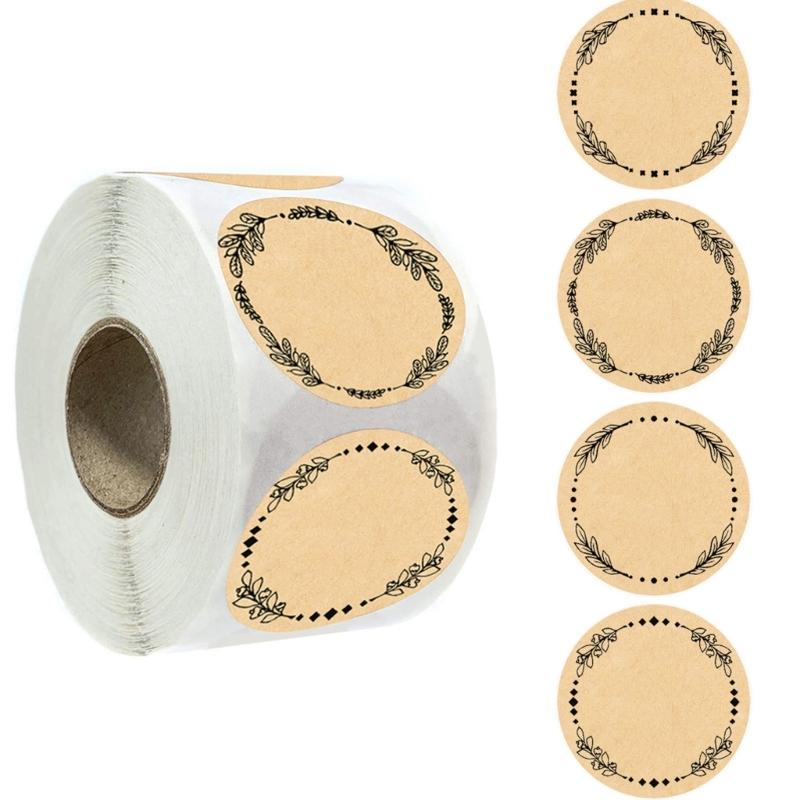 500pcs Kraft Brown Sticker with Wreath Designs for Writing Canning Jar Labels and Holiday Decorations Organizing Sticker