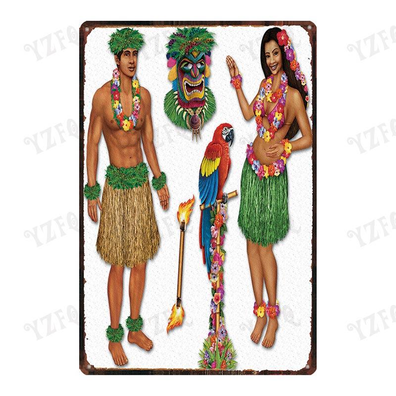 Vintage Hawaii City Painting with Hula Dancers  Metal Travel Tin Sign for Wall Decor In Pubs Cafes and Homes  Beach Metal Pla