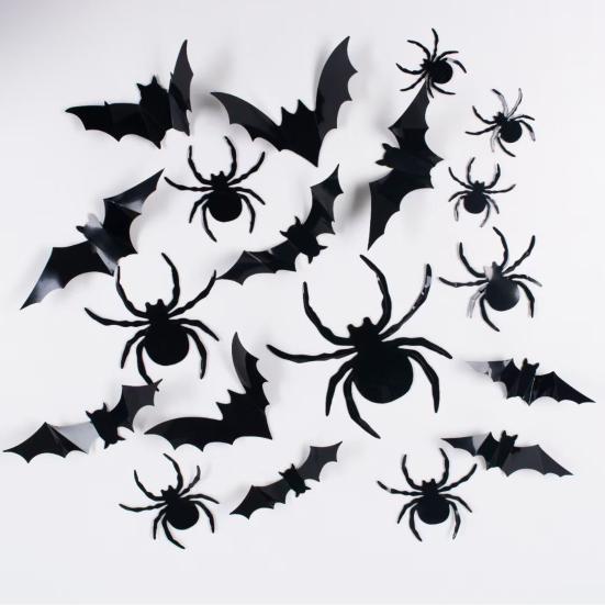 24 Pcs Halloween 3D Bat And Spider Stickers Spooky Black Spider Bat Wall Decals Removable PVC Cings for Home Office Wall Window Decor