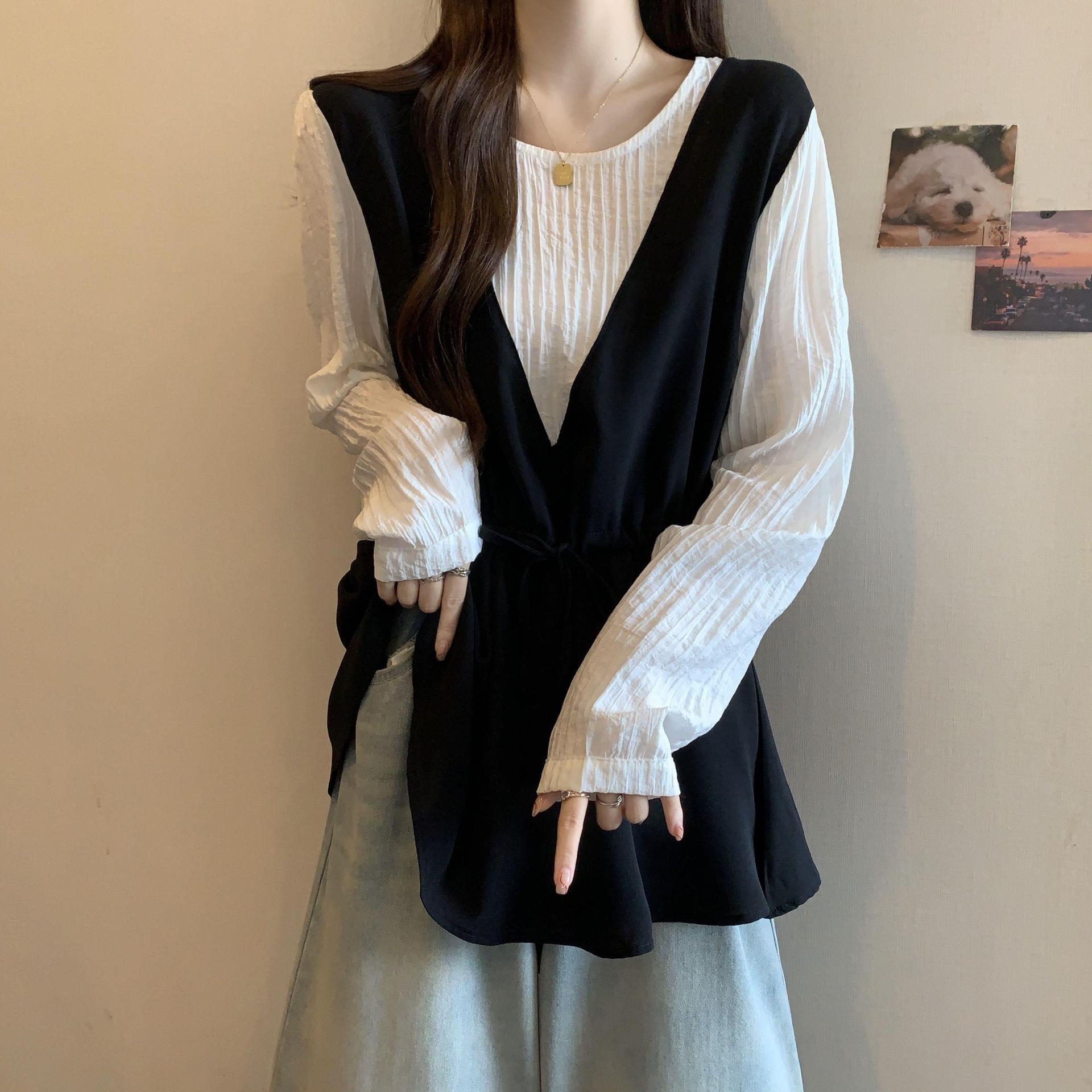Autumn 2025 Plus Size Women s Color Block Waist-Hugging Slimming Long Sleeve Spliced Top L [suggested 90-110 lbs]