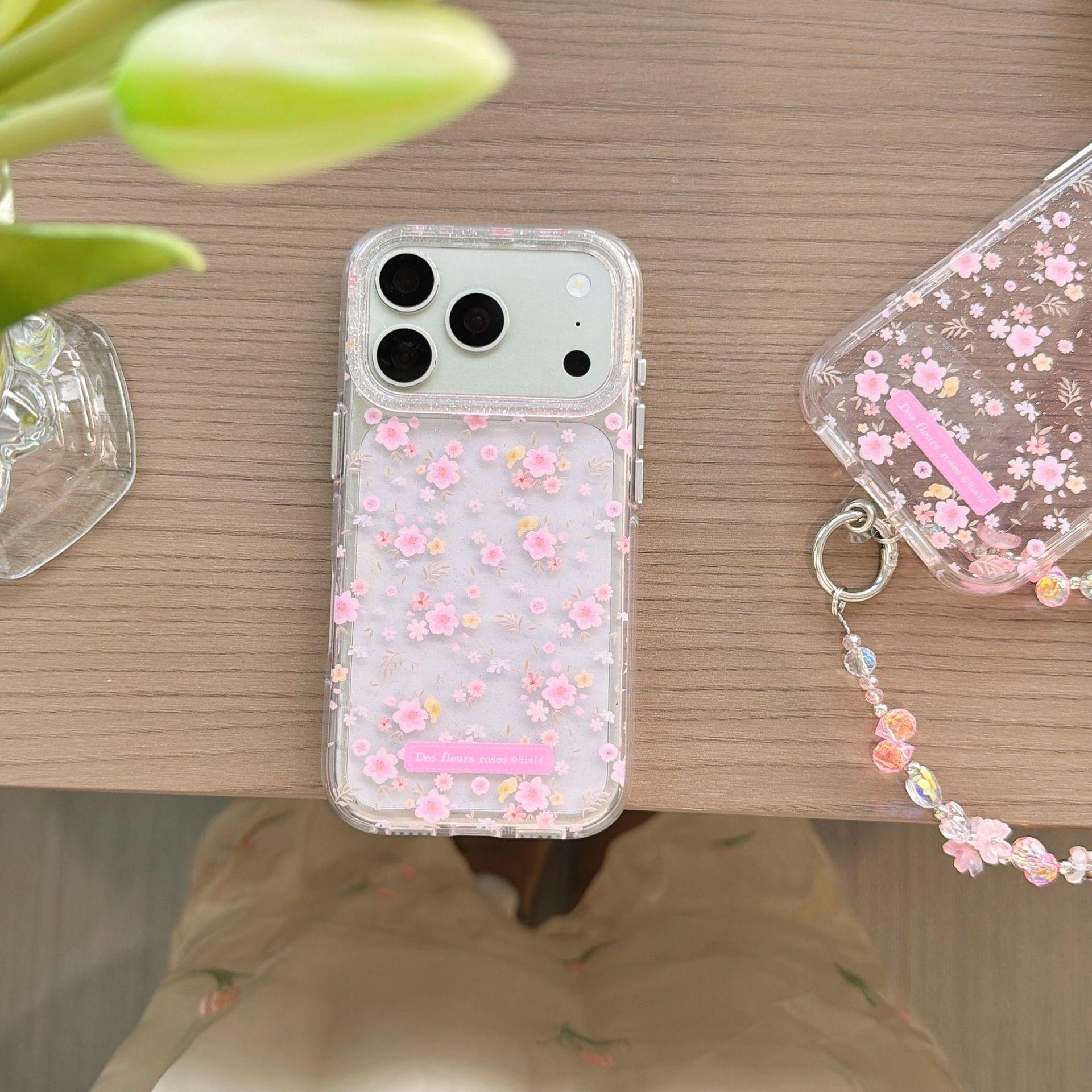 

Aesthetic Pink Floral iPhone Case with Chain for Models 13-17 Pro Max iPhone 14 Pro