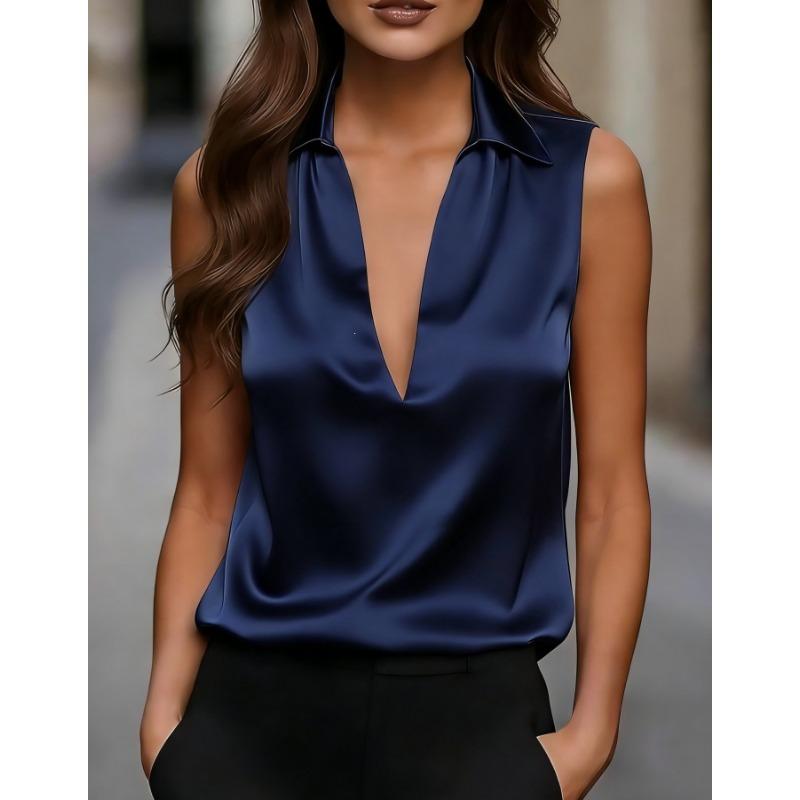 Damen Unifarben Satin V-Ausschnitt Ärmellos Lässig Bluse Top