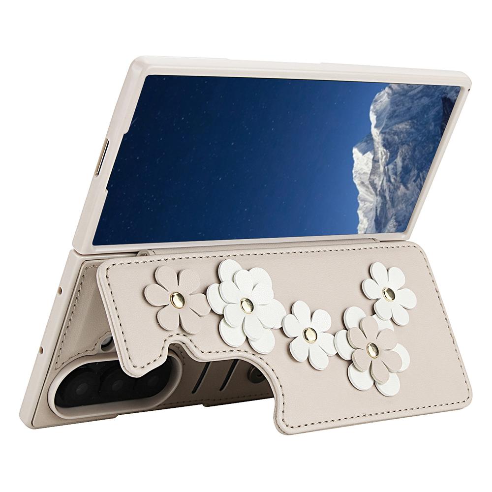 For Samsung Galaxy Z Fold7 5G Case Card Slots Leather Coated TPU Flower Phone Cover with 2 Straps
