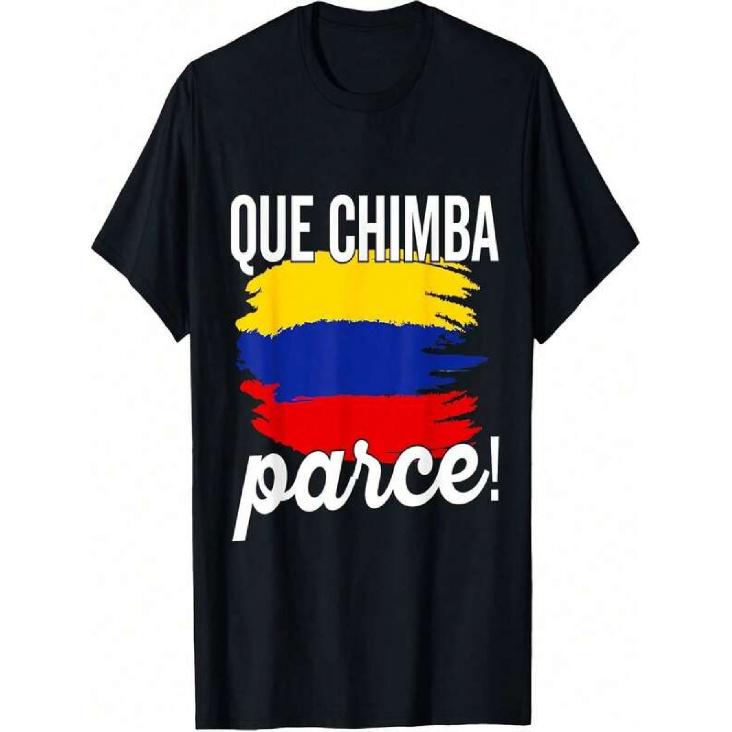 T-Shirt Men Cotton Breathable Graphic Everyday Summer Cotton T Shirt Black Colombian Flag And Que Chimba Parce Text Design for Casual Wear And