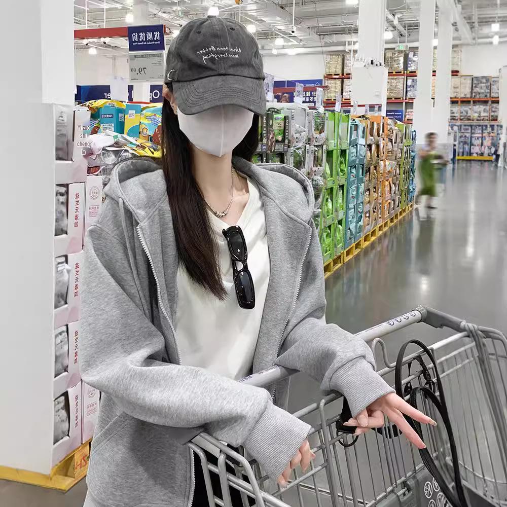 Women's Petite Gray Hooded Sweatshirt - Slimming Sporty Spring Cardigan Top