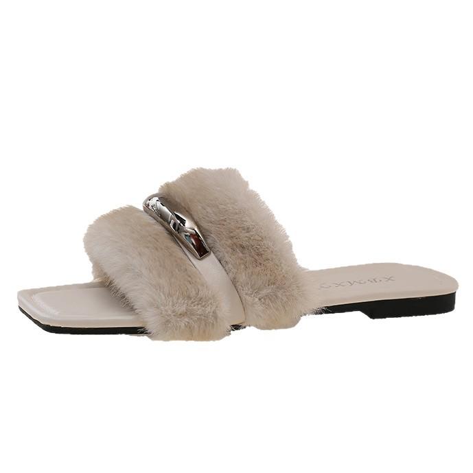 French Fairy Wind Fluffy Slippers Female Outer Wear 2025 Autumn and Winter New Small Fragrant Wind Flat Bottom Non-slip Lazy Word Drag