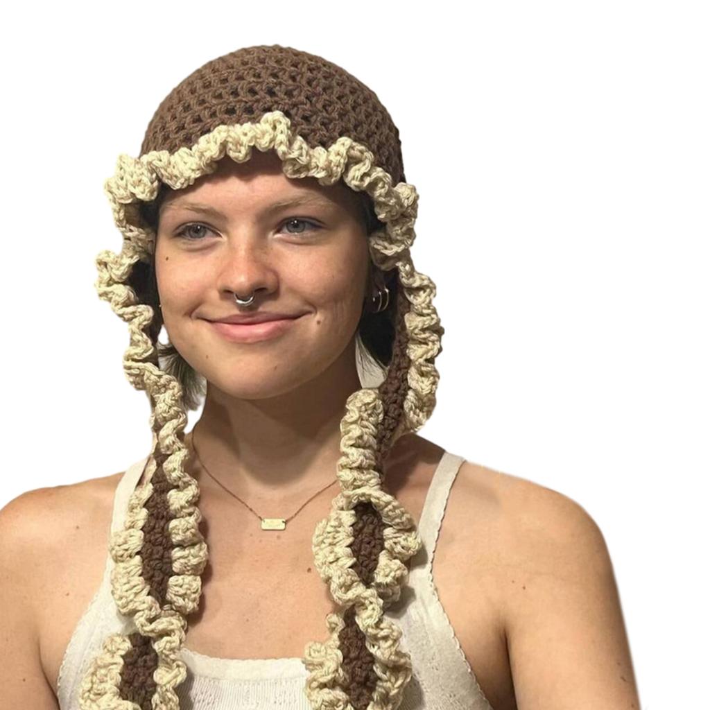 Knit Hollow Hat for Women Handmade Beanie Hat Girl Sun Protections Cap Fashion Ruffle Edge Hat Teens Fashion Headwear