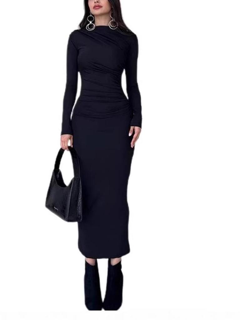 2026 European & American Slim Fit Solid Color Bodycon Dress - Long, Elegant, Temperamental, for Women: Spring/Autumn