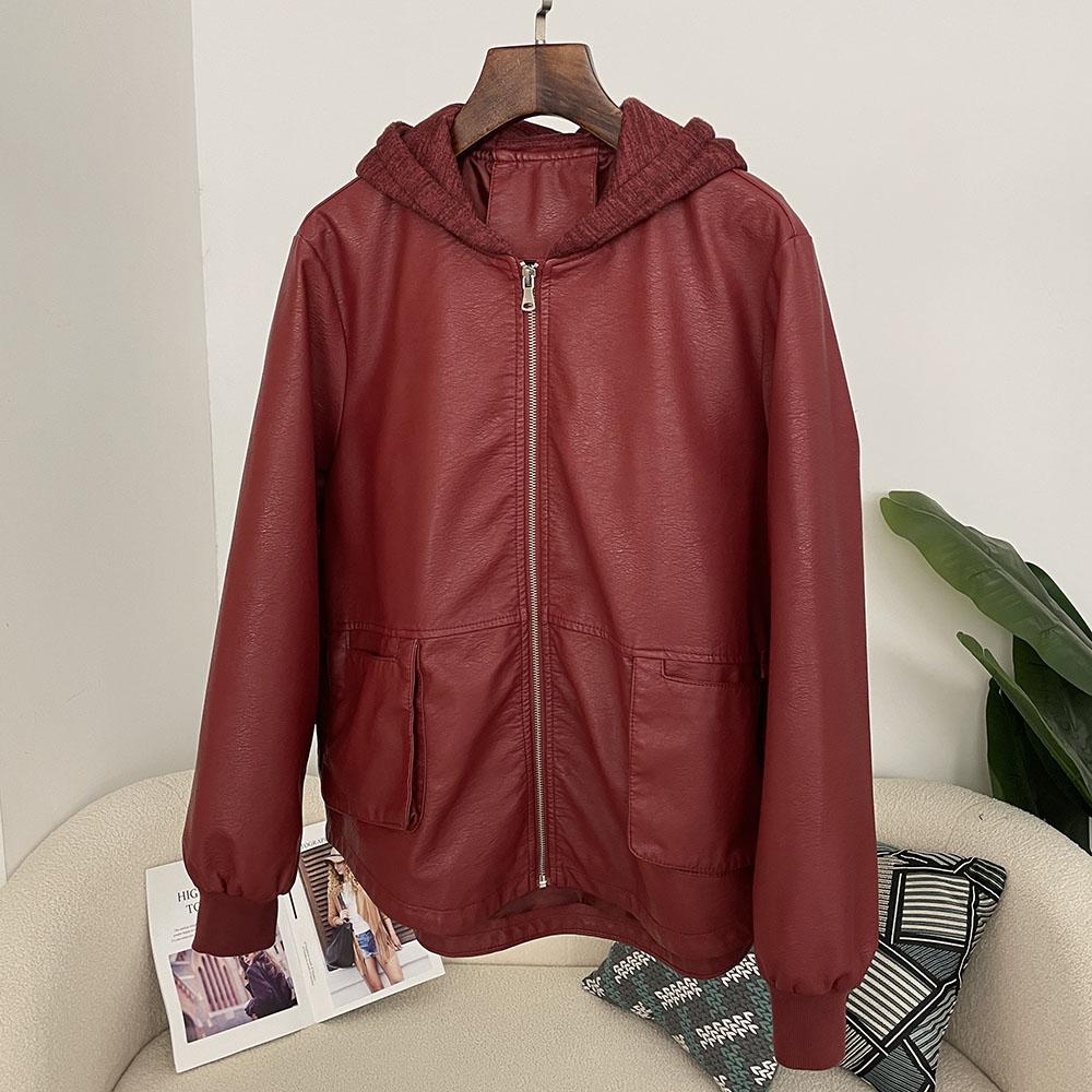 OFTBUY Femmes À Capuche Vintage Ample PU Faux Cuir Chapeau Veste Courte Décontractée Veste de Moto Féminine Zippée Rétro Moto Biker Manteau Vêtements d'Extérieur Hauts