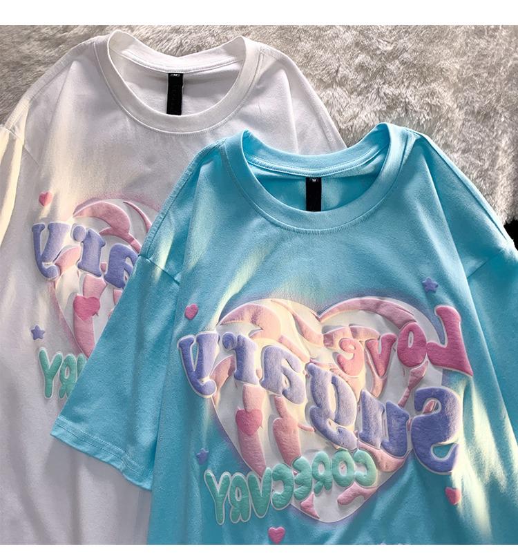 Women's Oversized Heart Design Blue Cotton Tee - Sweet & Spicy Summer Style