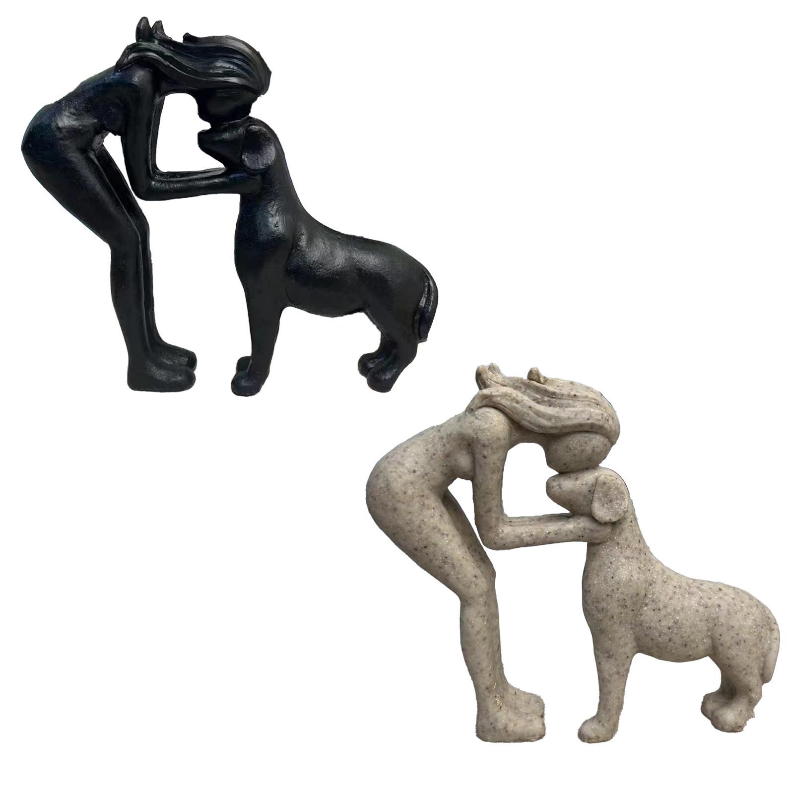 Woman and Dog Statue Pet Sculpture Small Cute Home Decor for Shelf Office Table nero