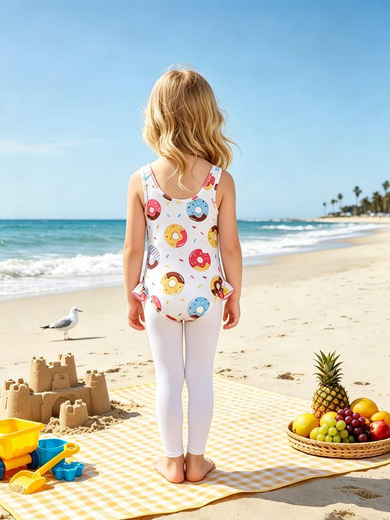 One Piece Swimsuit for Little Girls, Sleeveless Ruffle Donut Print Bathing Suit for Kids 1-8 Years