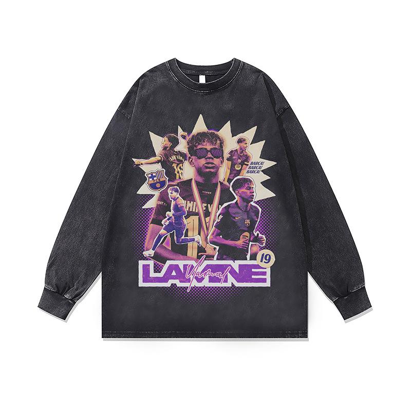 Hip Hop Rap Portrait Print Vintage Washed Long Sleeve T-Shirt Fall And Winter Loose Cotton Crew Neck Base Shirt For Men