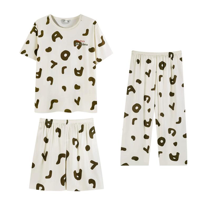 Summer cool air-conditioned room pajamas women's summer round neck short-sleeved cropped pants three-piece set high-end loungewear