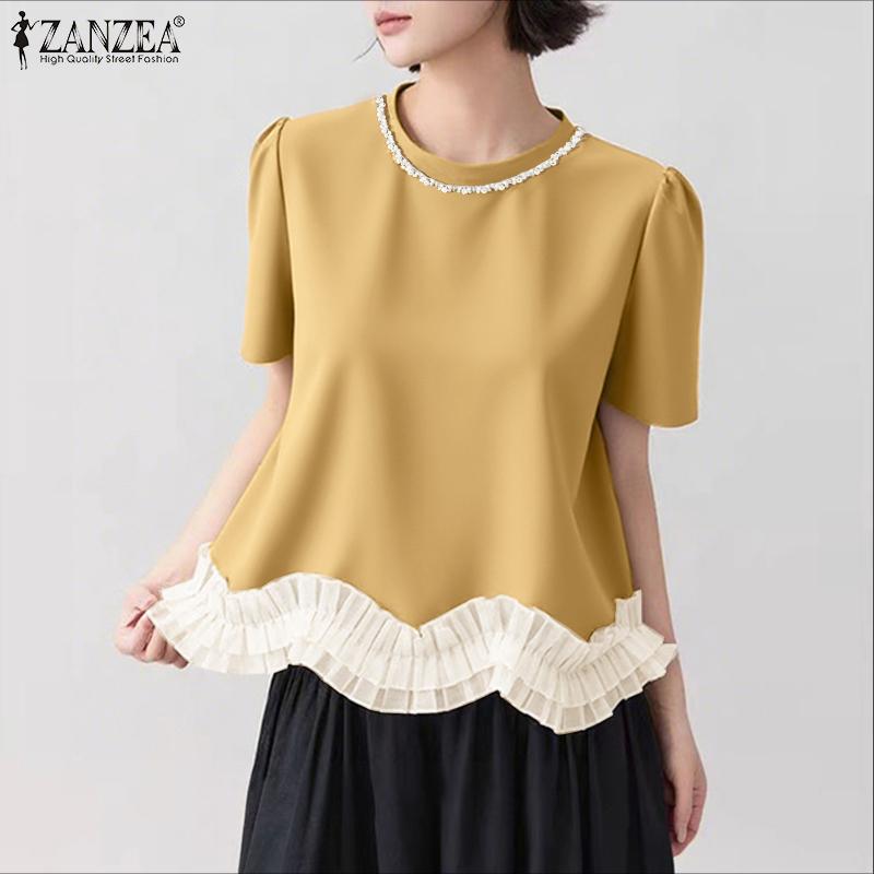 ZANZEA Bluză casual de vară pentru femei, cu gât rotund, mânecă scurtă, cu aplicații